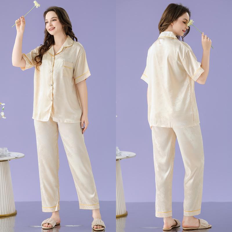 High-End Ice Silk Pajamas Women'S Autumn Short-Sleeved Trousers Fashion High-End Loungewear Suit Can Be Worn Outside