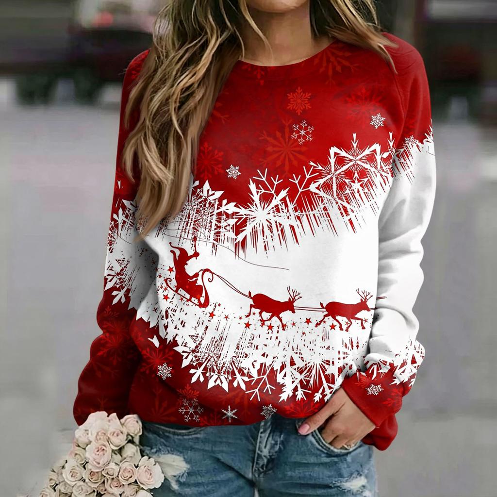 Women's Casual Neck Long Sleeve Raglan Christmas Print Pullover Sweatshirt