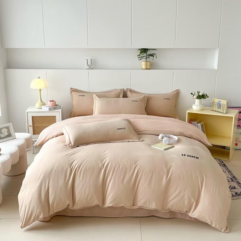 LT DUCK Embroidered Knit Washed Cotton Plaid 4-Piece Flat Sheet Bedding Set