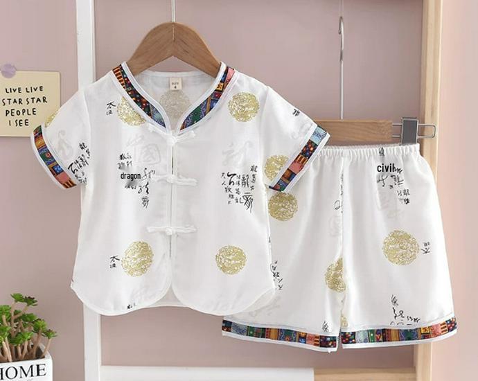 Kinder Baumwoll-Leinen Tang-Anzug: Drachen Tai Chi Ethnischer Stil Sommer Set für Auftritte