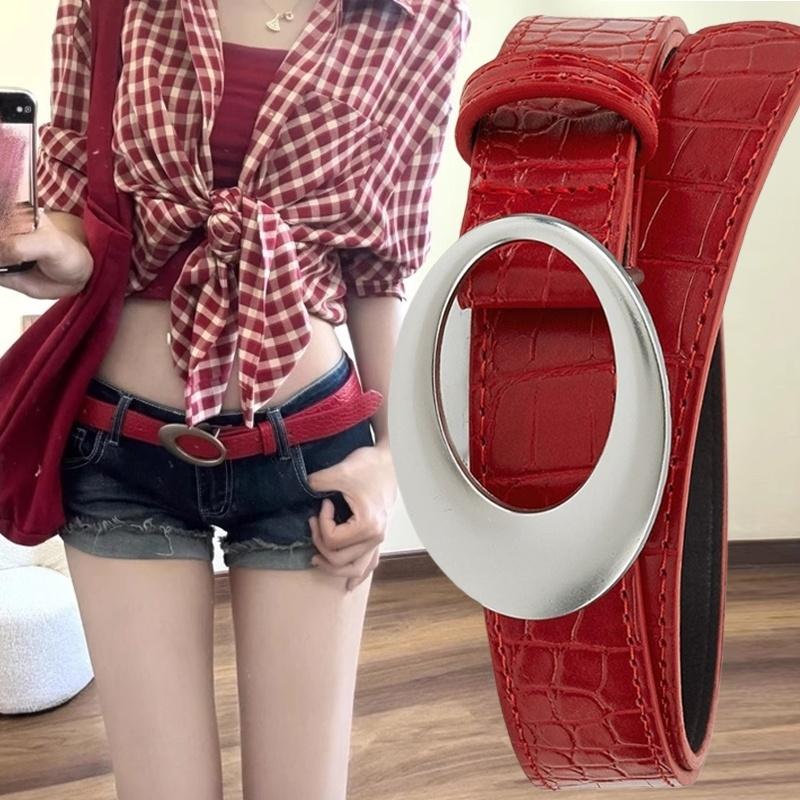 Vintage American Belt Crocodile Lines for Women Men Fashion Pu Leather Punk Metal Buckle Jeans Pants Advanced Red Waist Belts