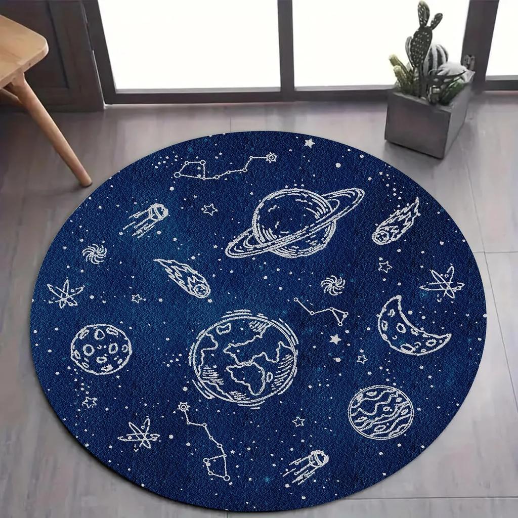 Galaxy Solar System Round Rugs Space Cosmic Rocket Kids Carpet Classroom Nursery Alphabet Mat Non Slip Washable Rug for Bedroom