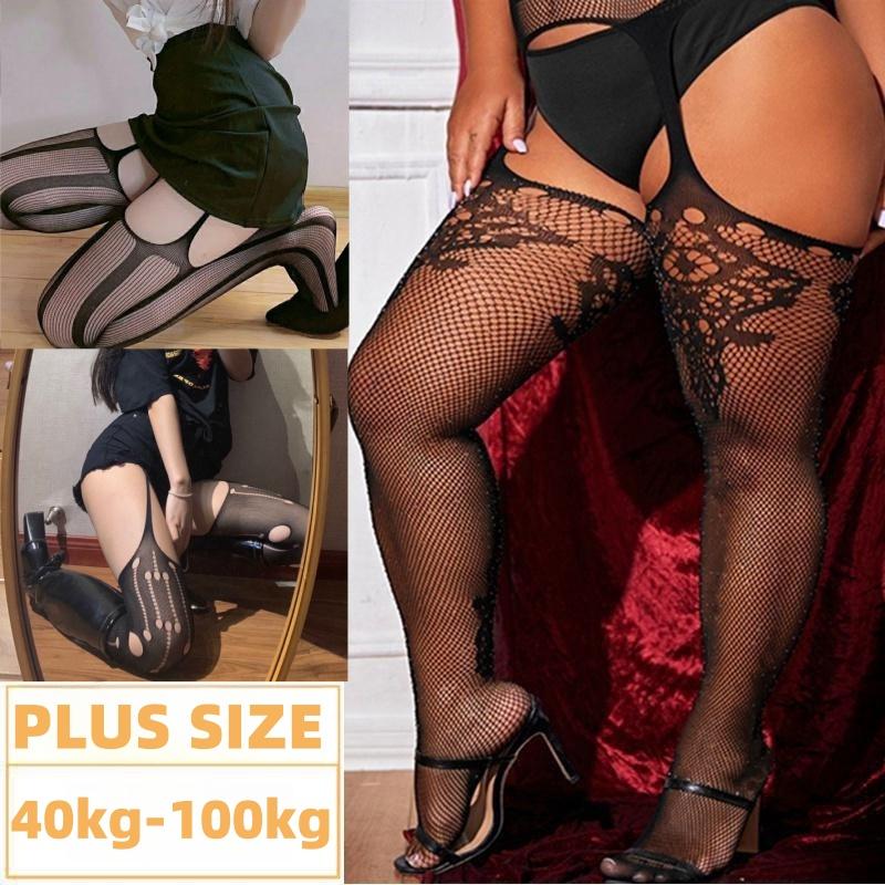 Fashion Womens Sexy Suspender Stockings Open Crotch Pantyhose Fishnet Tights Night Party Wear Mesh Leggings Garters Hosiery XXXL