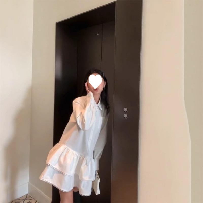 Women s Lace Trim A-Line Skirt & Long Sleeve White Shirt Dress - Summer Style S белый