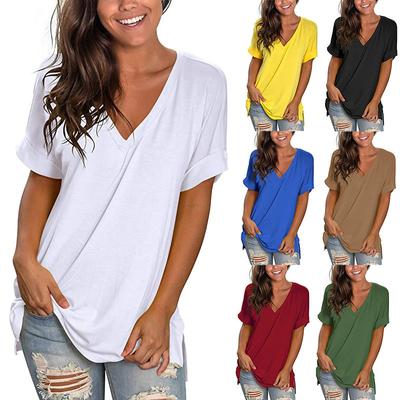 Women Fashion V-neck  Loose Lengthen Cotton Casual Short Sleeves Crop Top Solid Color Simple T-shirt