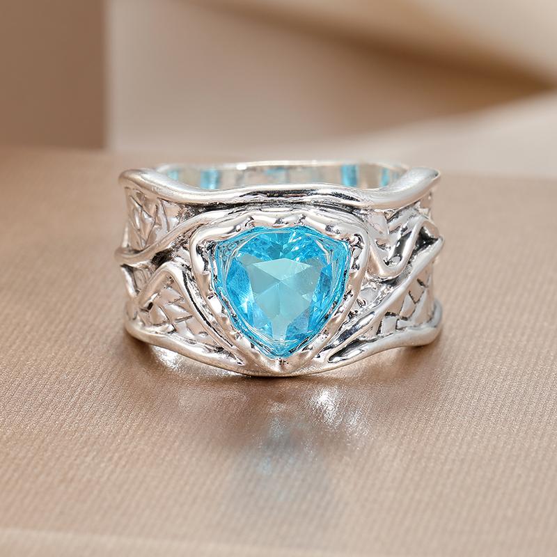 Bague Boho Unisexe Plaqué Argent à l'Allure Vintage - Incrustation Pierre Précieuse Bleu Cool, Parfaite pour un Usage Quotidien