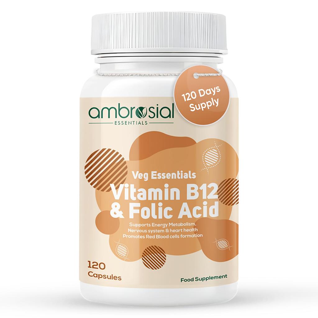 Ambrosial Vitamin B12 Supplements 1000 Mcg (Cyanocobalamin) with Folic Acid 500 Mcg Tablets – Dual Nutrient Formula – Vegan B12 Supplement for Wo