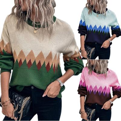 Women's Spring Knitwear: Vintage Diamond Pattern Colour Blocked Sweater Luxurious Relaxed-fit Slimming and Versatile Top