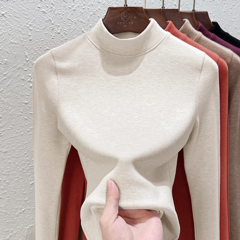 German Velvet Cashmere Semi-turtleneck Bottoming Shirt Women's Black Technology Thermal Clothing Autumn and Winter Thick with Velvet Black Top