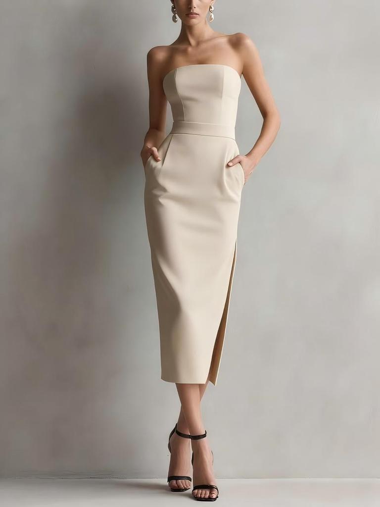 Luxuriöses trägerloses Midi-Kleid für Damen mit Taillenbetonung, Schlitz und Taschen - Perfekt für formelle Partys und Bankette.