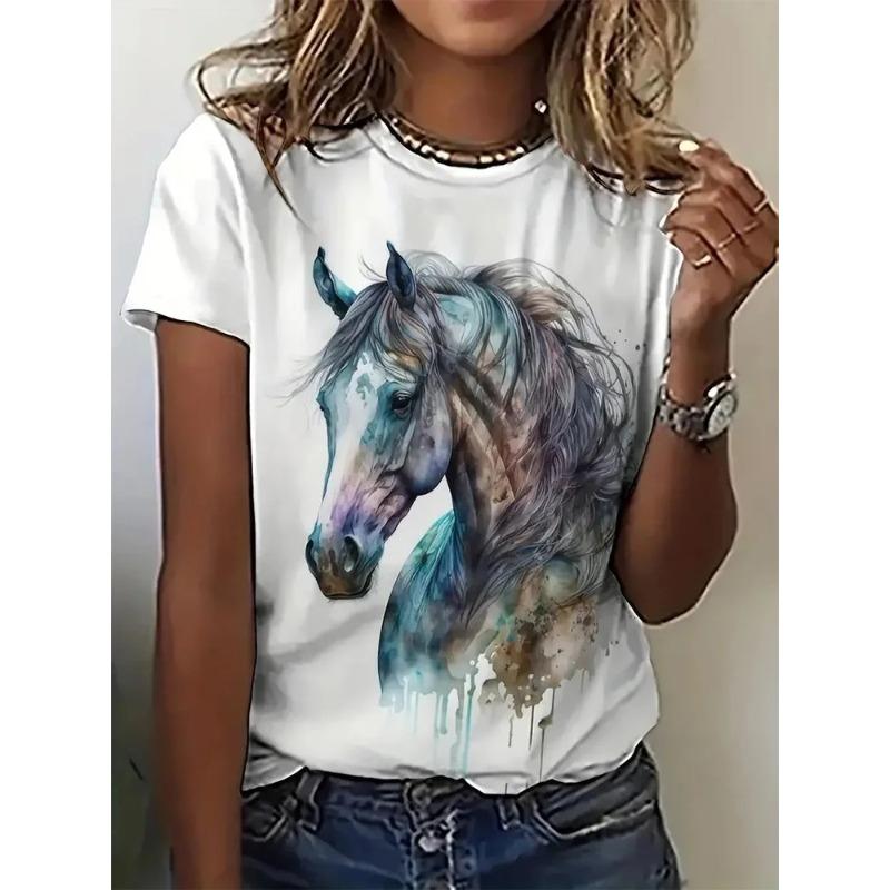 Summer Round Neck 3D Horse Pig Pattern Printed Top Fashionable Casual Short Sleeved Women's T-shirts