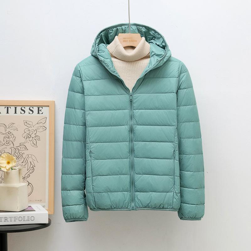 Down jacket women's light and thin fashion hooded short plus large size plus fat white duck down light European size coat