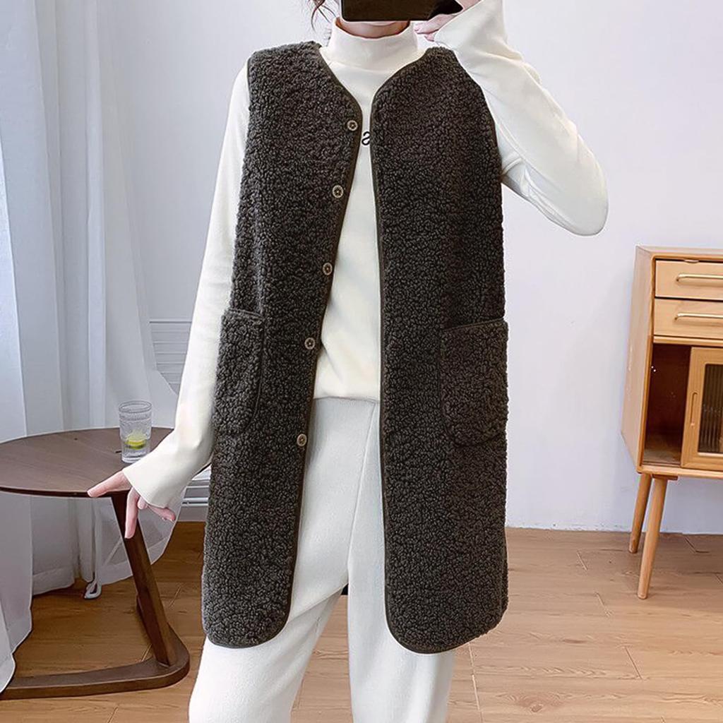 Augseed Sleeveless Boa for Solid with Long Plus Loose Button Cold Protection Women's Vest/Gilet Autumn/Winter, Color, Fluffy, Open-Front, Pockets,