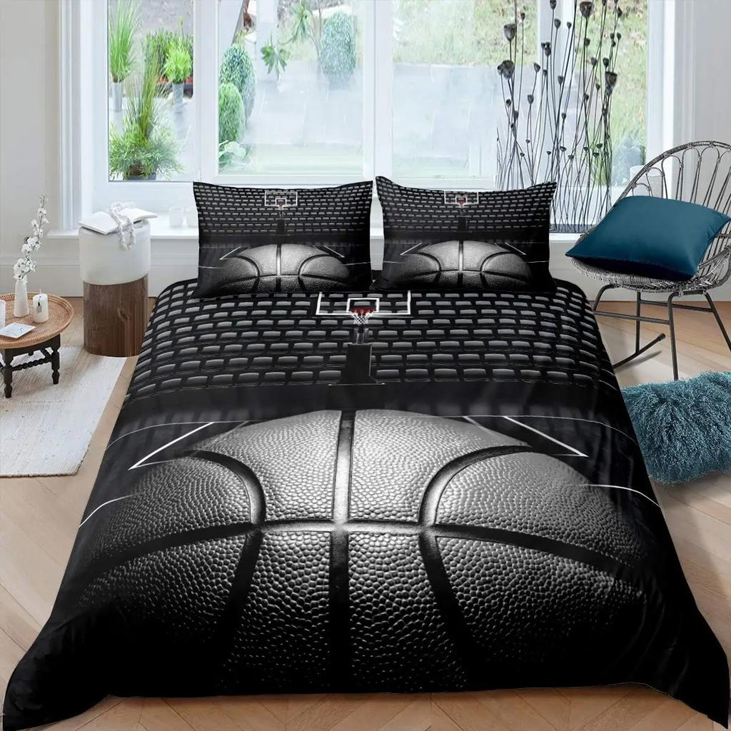 Basketball Duvet Cover Set Black 3D Ball Sports Theme Bedding Set Microfiber Basketball Court Competitive Games King Quilt Cover