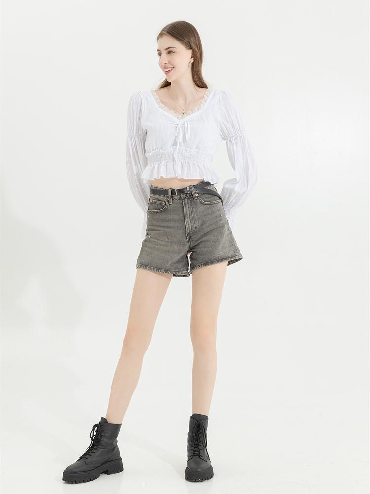 French Pleated Lantern Long Sleeve Shirt Women New Vintage White Square Collar Blouse Tops Female Korean Fashion Desidn Casual Clothing 2024