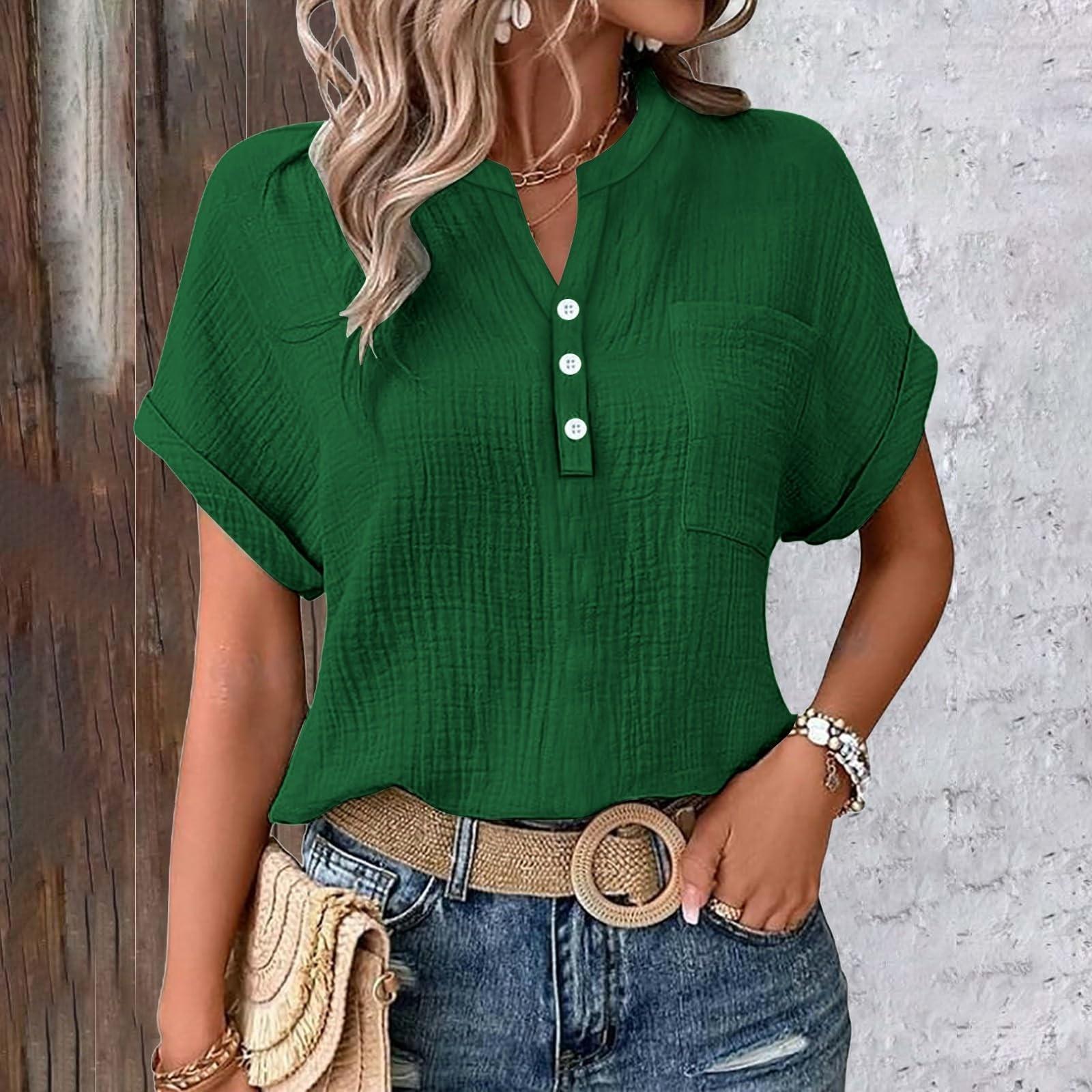 

Women s Blouse, Linen Blouse, Women s Summer Button-Down Linen Shirt,Short Sleeve V-Neck Blouse With Pockets темно-зелений колір