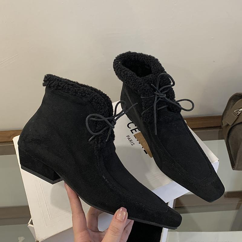 

SUOJIALUN Winter New Brand Women Ankel Boots Fashion Warm Plush Lace Up Short Boots Square Low Heel Casual Dress Chelsea Sh 35