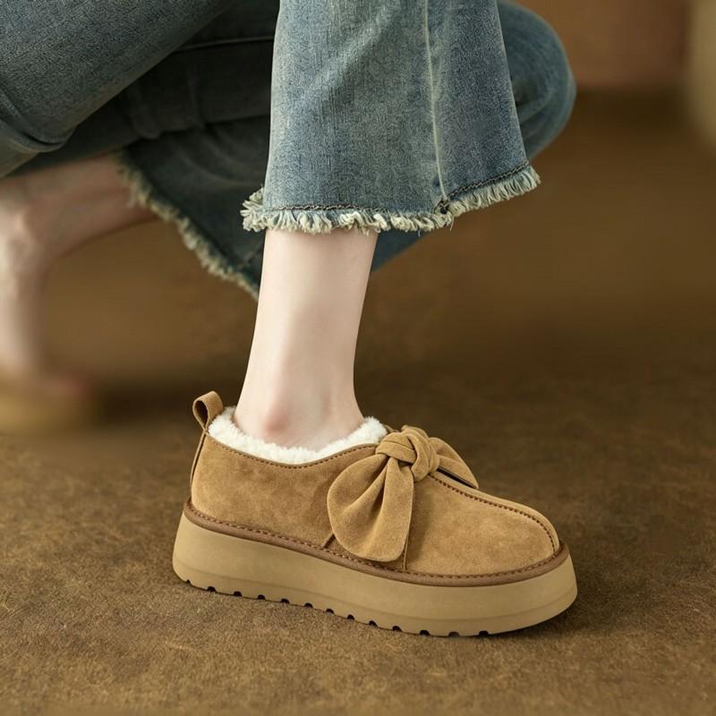 Womens Winter Flat Snow Boots With Bow Detail Genuine Leather Fur-Lined Slip-On Ankle
