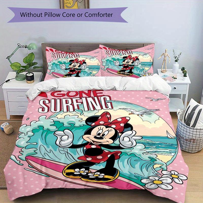 3pcs Gone Surfing Minnie Mouse Quilt Cover Set (1 Quilt Cover + 2 Pillowcases Without Pillow Core), High-Definition Printing for Home and Dormito