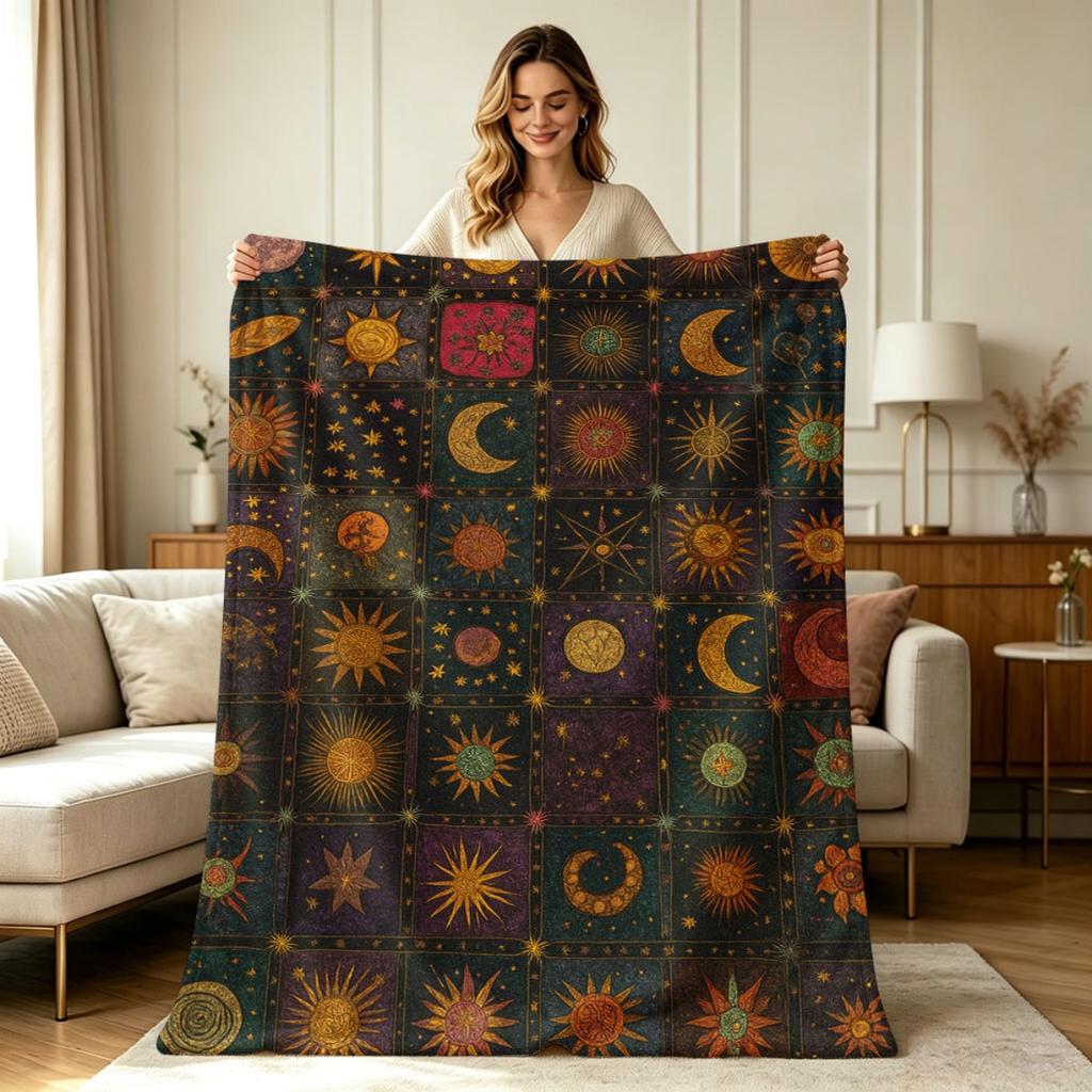Weiche warme Flanelldecke mit Himmels Sonne Mond Stern Gittermuster Ganzjahres Überwurfdecke für Sofa Bett Wohnzimmer Büro Heimdeko