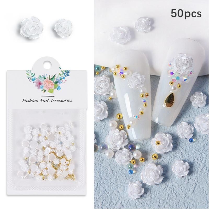 50Pcs Rose Flower Nail Art Decorations with Mini Pearls Resin Flower Nail Art Charms for DIY Acrylic Nails Bride Nail
