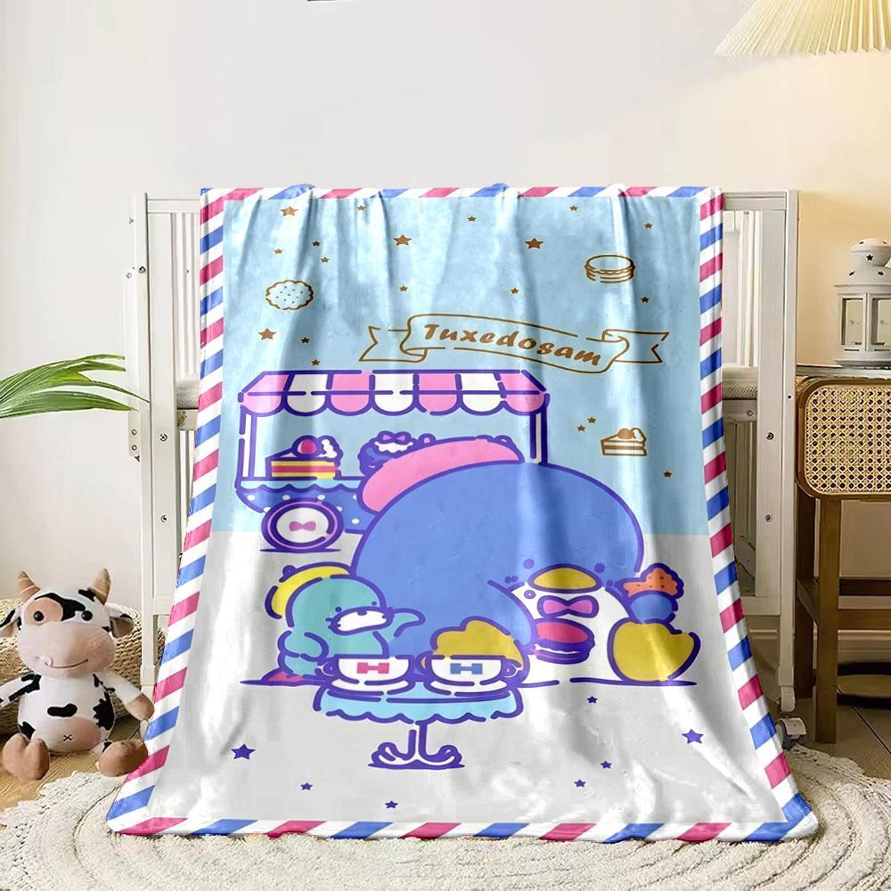 

Cartoon penguins with desserts at a pastel-striped café-themed scene. for all seasons blanket lunch break throw gift 80cm x 120cm