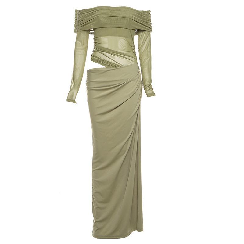 Spring New Women's Clothing Temperament Sexy One-word Shoulder Mesh See-through Long Dress Women