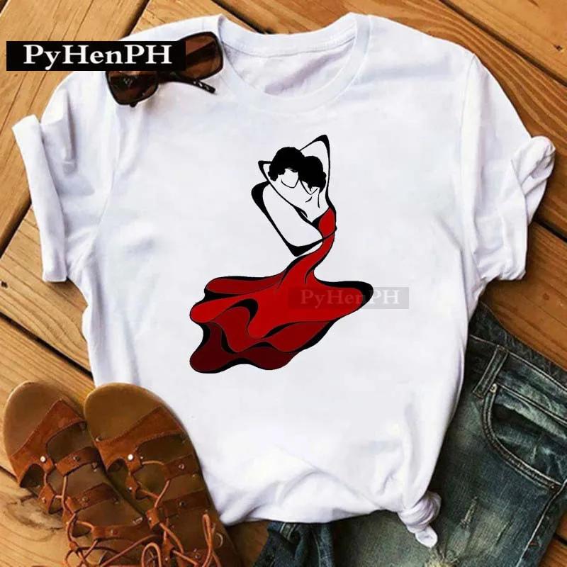 Women's Fashion Western Ballet Dancer Short Sleeve T-shirt Casual Elegant Summer Top Polyester Fabric Girl's Personality Sister