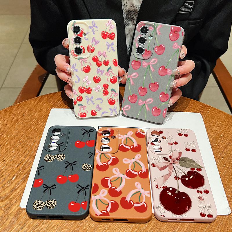 Cartoon Cherry Fruits Case For Samsung S26 Ultra S25 A18 S24 S23 S22 S21 FE A15 A16 A17 A35 A36 A37 A54 A55 A56 A57 Leather Texture Silicone Cover