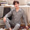 Men's Printed Long Sleeve Knit Cotton Pajama Set with Cardigan Lapel for Spring, Autumn, Winter