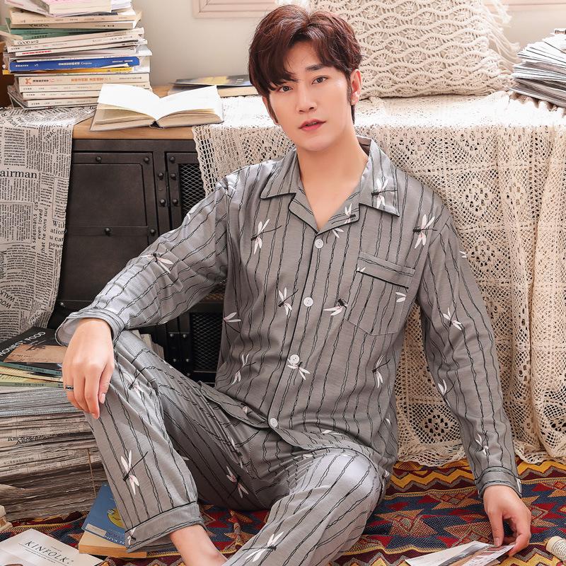 Men's Printed Long Sleeve Knit Cotton Pajama Set with Cardigan Lapel for Spring, Autumn, Winter