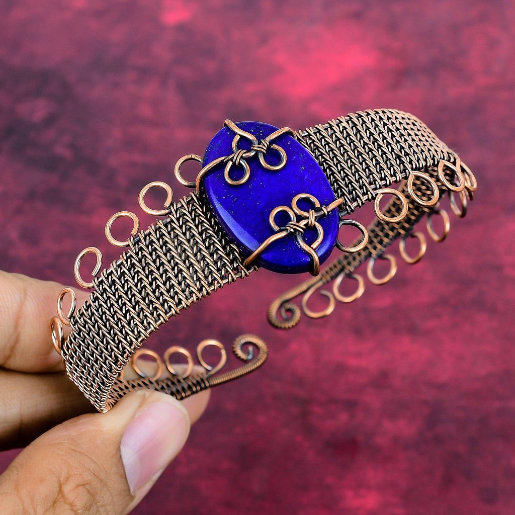 Lapis Lazuli Cuff Bracelet Copper Wire Wrapped Adjustable Bangle Gemstone Jewelry