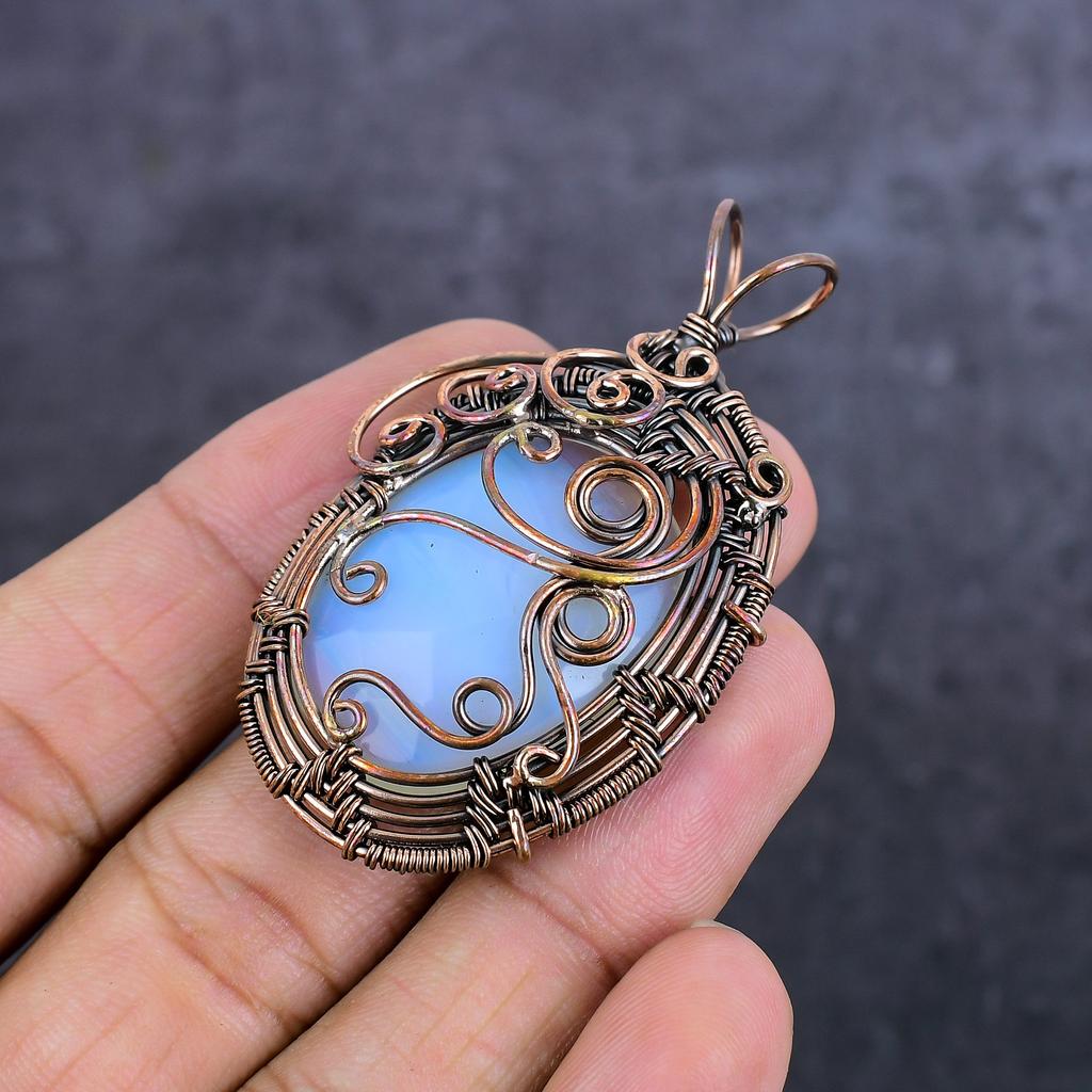 Natural Milky Opal Gemstone Handmade Copper Wire Wrap Jewelry Pendant 2.36" W6E26