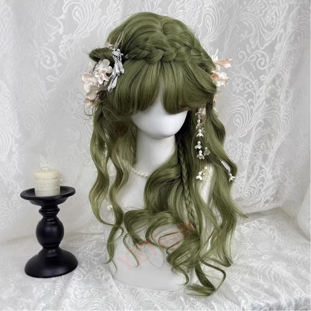 Long Wavy Cosplay Green Wig for Women Heat Resistant Ponytail Lolita Synthetic Halloween Anime Wigs Natural Hair Party