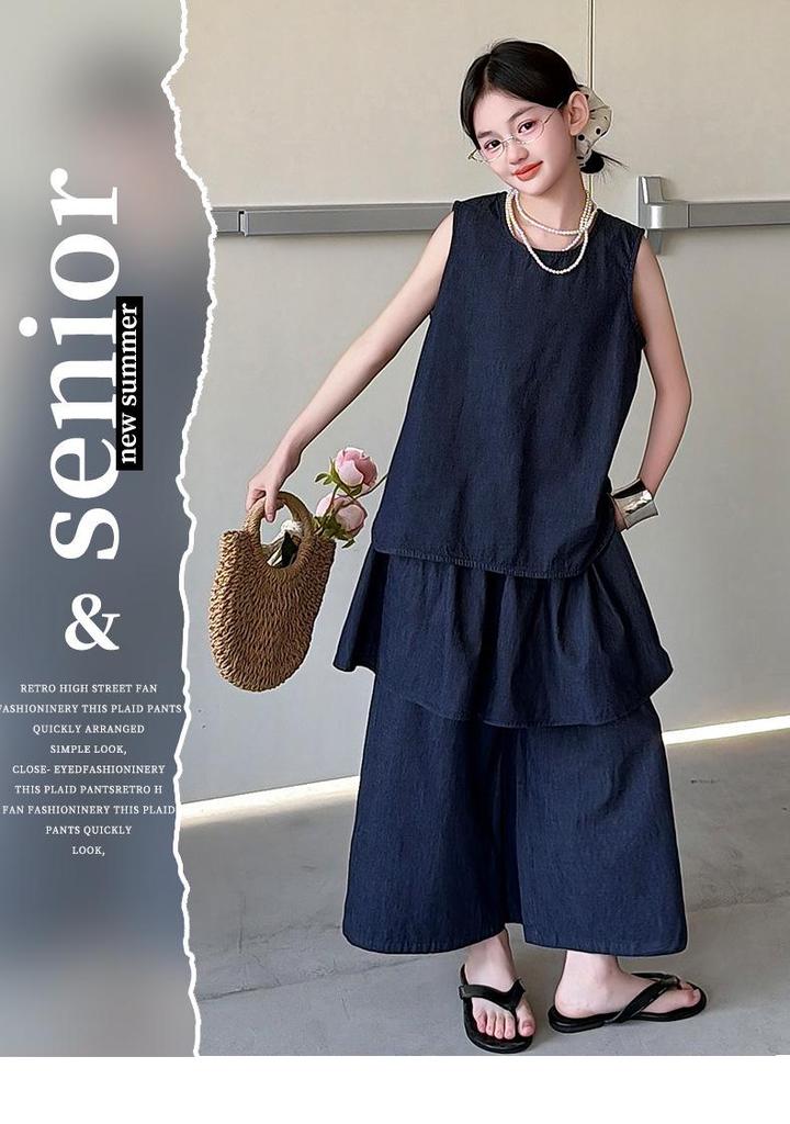 Girls' Korean Denim Sleeveless Summer Outfit with Wide-Leg Pants