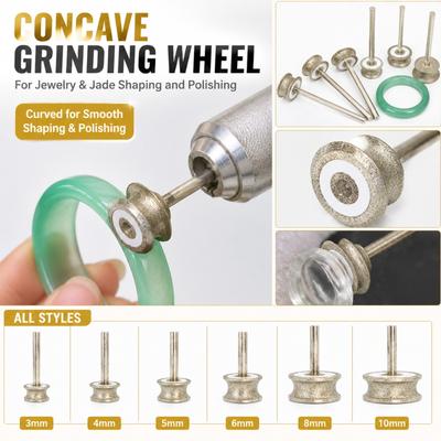 Rotary Grinding Head Concave Shaped Polishing Tool for Glass Jewelry Ring Bracelet Making and Shaping with Durable Metal Shaft and Abrasive Surface