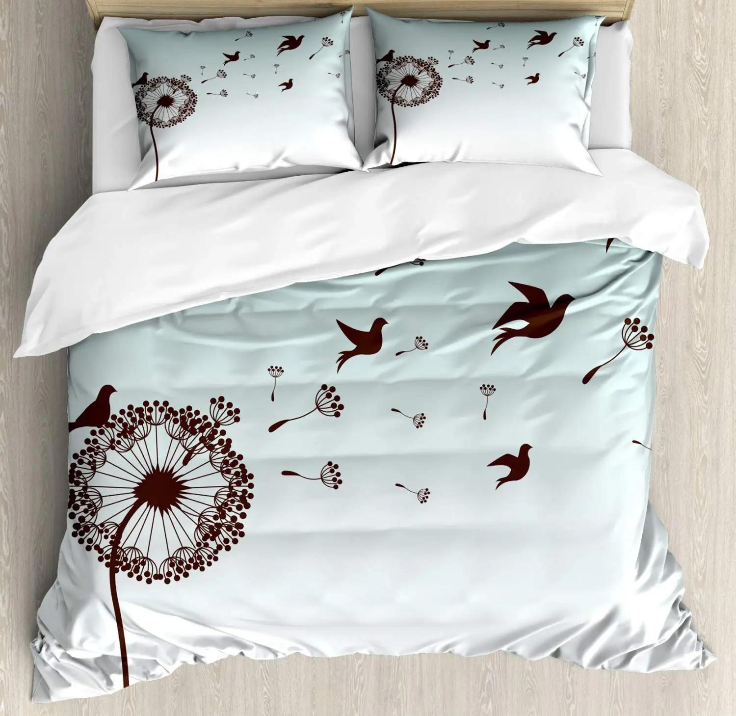 Exquisite Fashion Items Unisex Turquoise/Brown Art Duvet Cover Dandelion Flower Arrangement Petals Doves Flying Silhouettes Fantasy Blooms Decorative Bedding