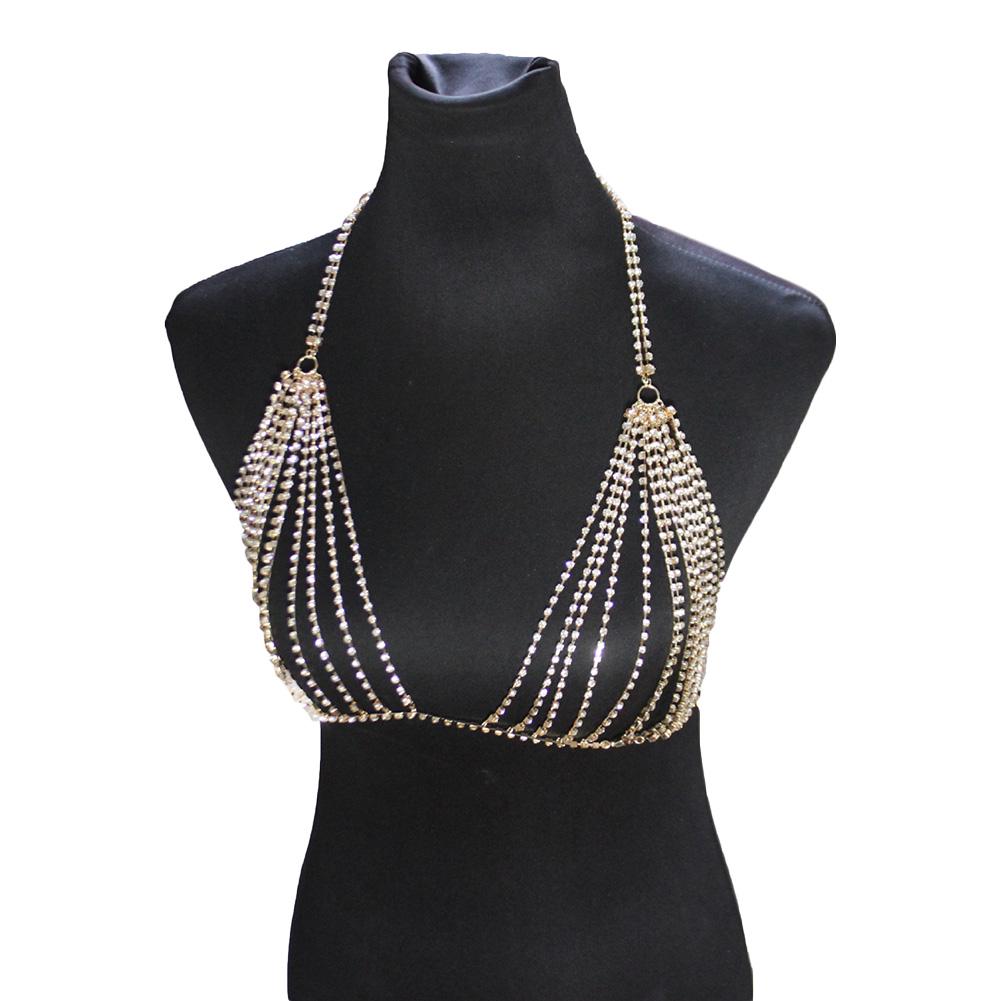 Moda Feminina Retro Sexy Dourado Cristal Liga Bikini Sutiã Correntes Joias Corpo Colar