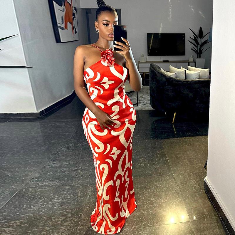 European and American Style Fashionable Women's Printed Sexy Sleeveless Hanging Neck Three-dimensional Flower Decoration Hip Hugging Dress