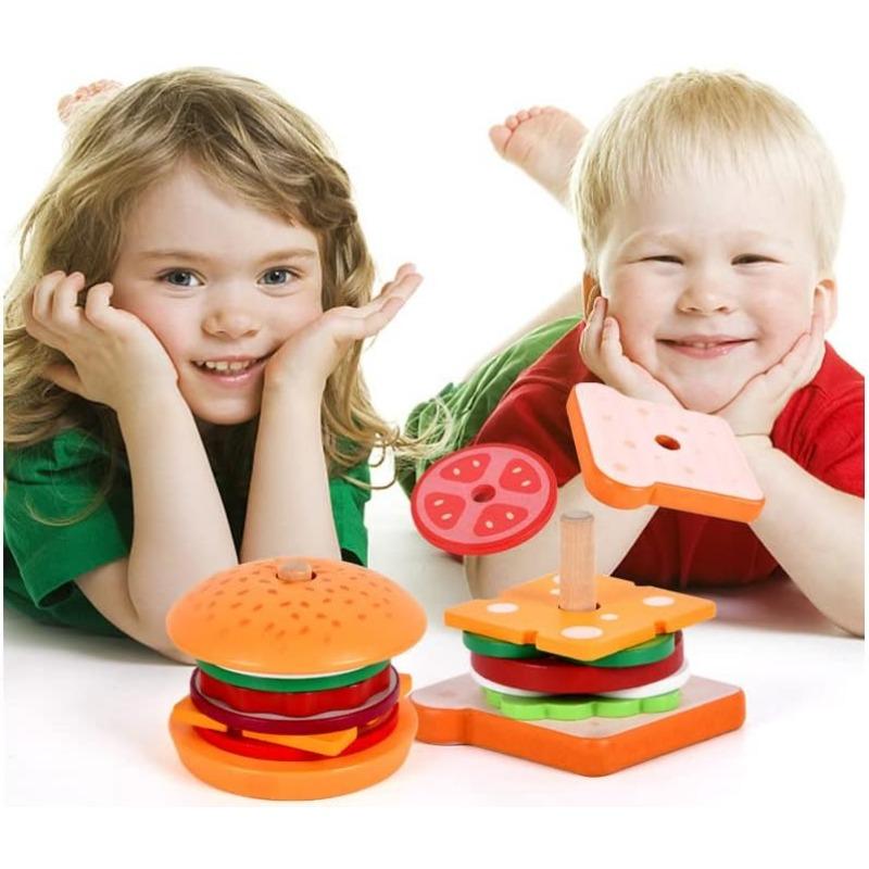 Montessori Toys, Wooden Burger Sandwich Sorting and Stacking for Toddlers, Preschool, Burger Sand Switch, Wooden Preschool, 4/5 Years Old (2 Sets)