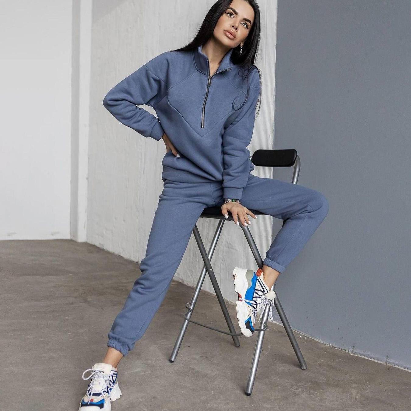 

Женский однотонный длинный рукав воротник-стойка толстовка костюм осень зима свободный топ широкие брюки XXL военно-воздушные силы синий