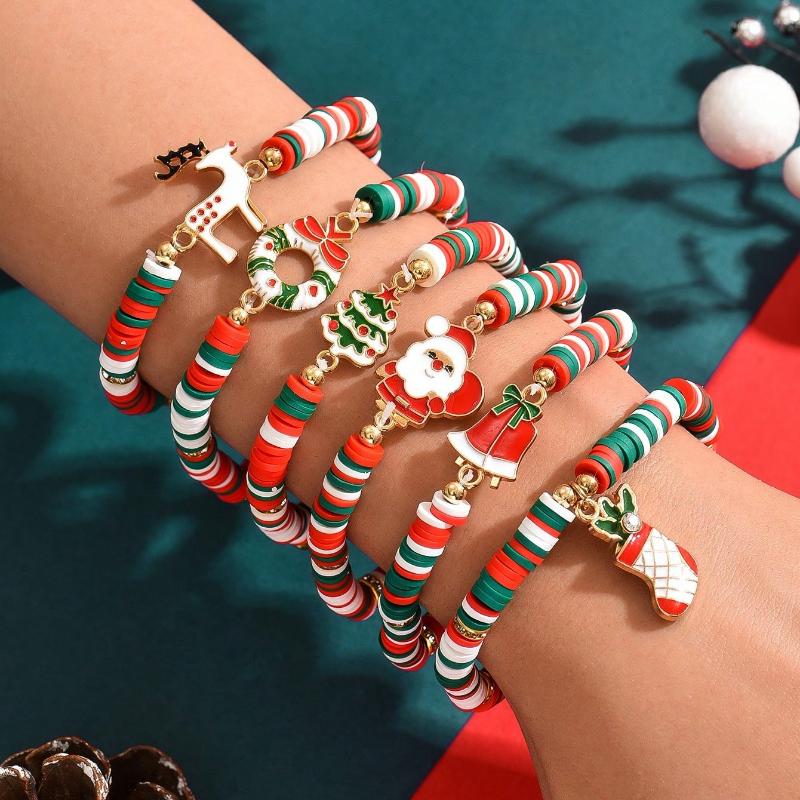 6pcs/Set Reindeer, Santa Claus, Christmas Tree Soft Ceramic Decorative Bracelet, Christmas Gift