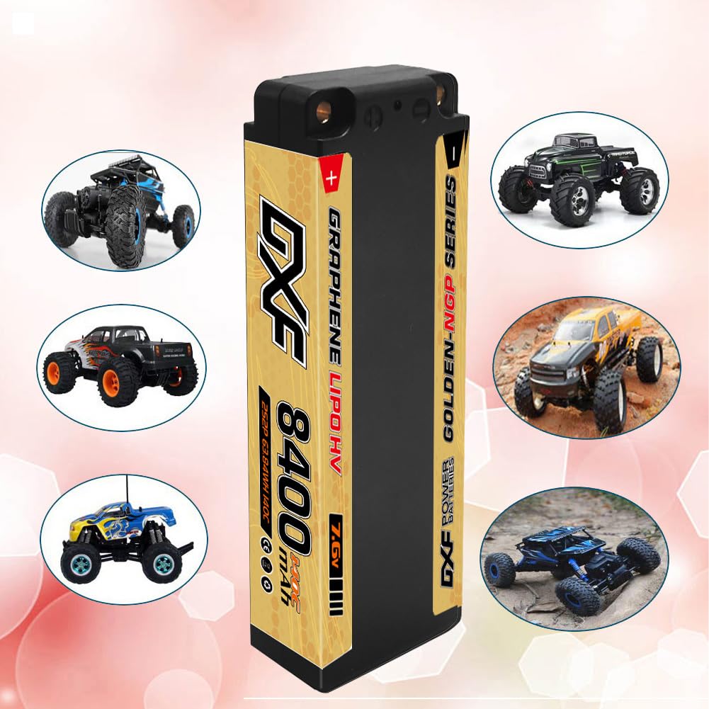 Unleash the power of DXF DXF 2-Piece 2S 7.6V 8400mAh 140C 5mm LCG Hard Cable LiPo Battery for RC Cars. Includes 5mm bullets. High-performance lithium
