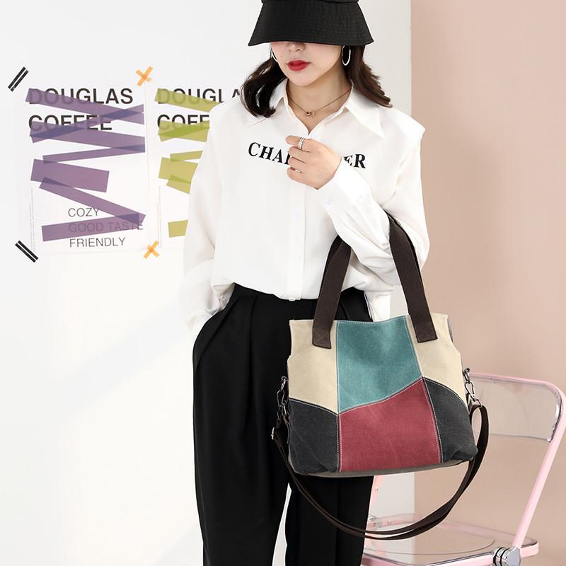 Canvas-Tragetasche für Damen mit Colorblock-Design und mehreren Taschen für den täglichen Gebrauch