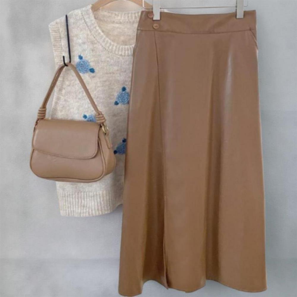 New Arrivals Open Run Women Unique Leather Stretch Cut Flare Long Skirt