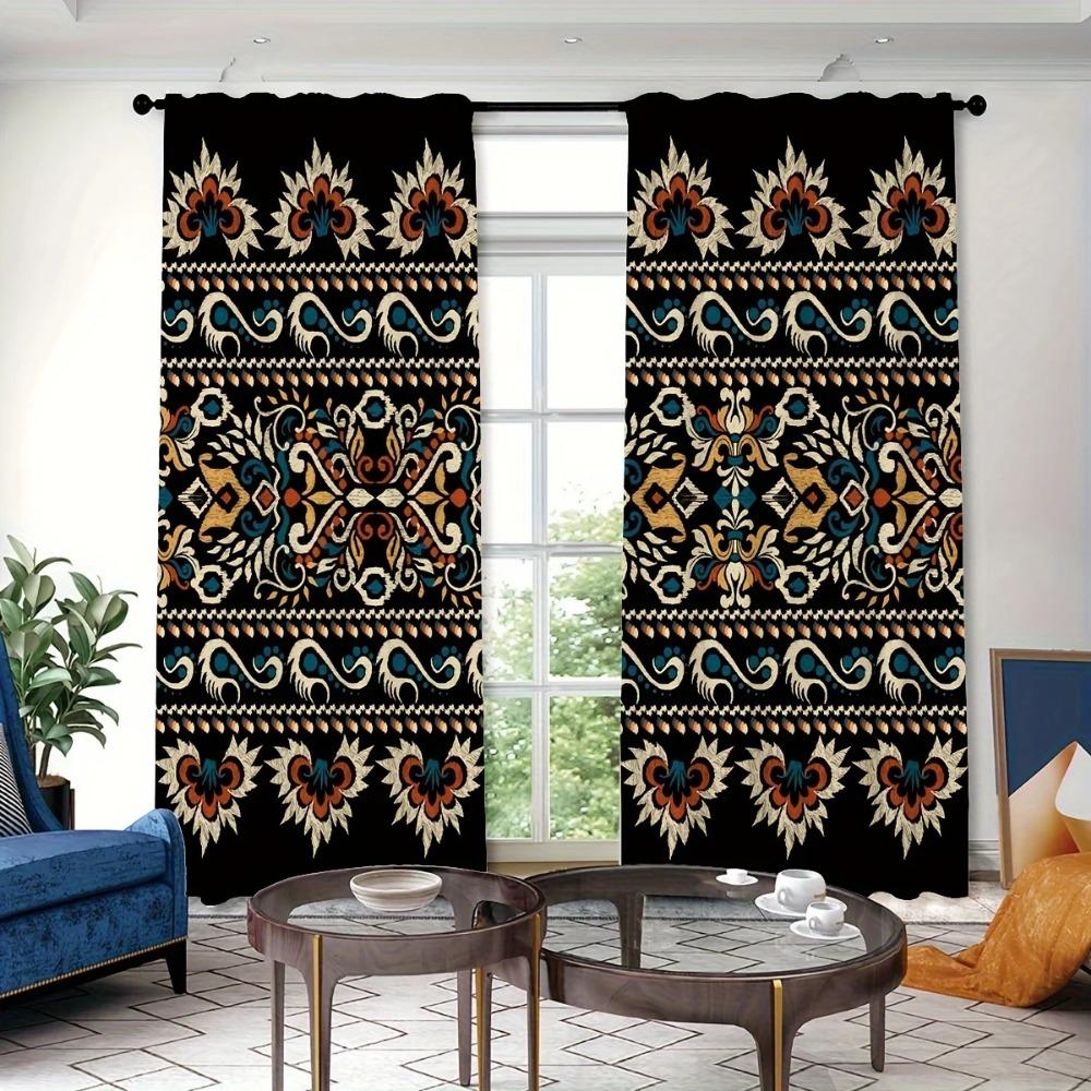 2 Stück, Böhmische Blumen Vögel Landschaft, Stangendurchzug, Digital bedruckte Vorhänge, Polyestermaterial, Geeignet für Wohnzimmer Schlafzimmer