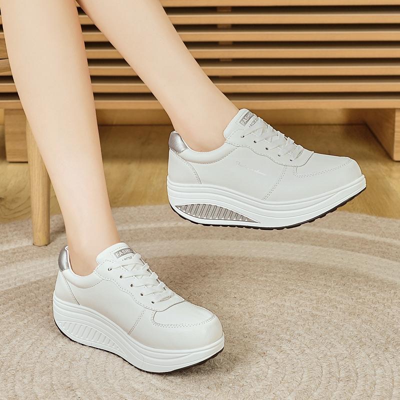Women Platform Casual White Leather Elevator Shoes Thick Sole Height Increase Sneakers