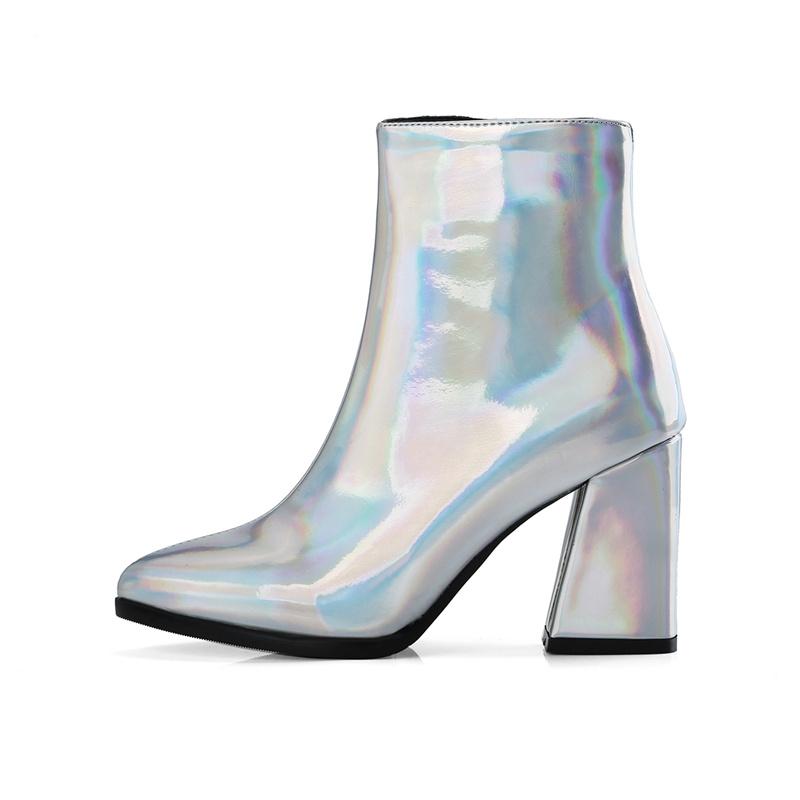 Botine Argintii Pentru Femei Pantofi Lux Vârf Ascuțit Toc Înalt Botină Scurtă Piele Aurie Oglindă Metalic Pantofi de Petrecere Femeie Sexy