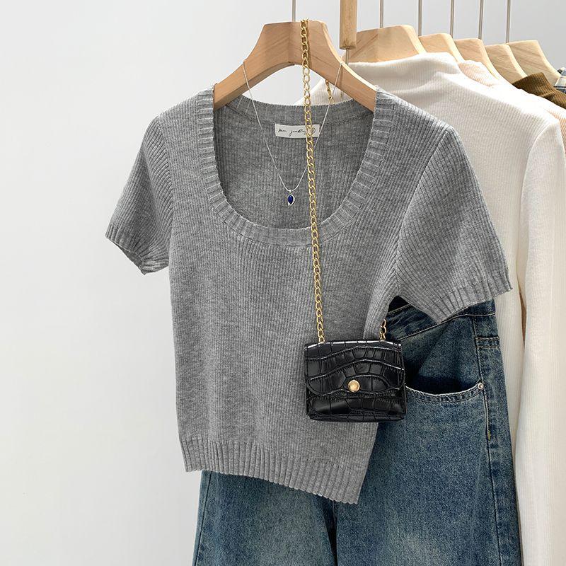 

Шикарный нишевый женский летний вязаный топ с черным U-образным вырезом и эластичными короткими рукавами, 2024 Small серый