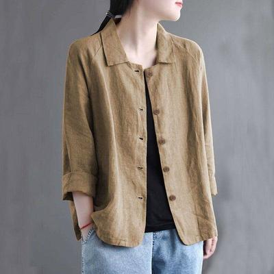 Abbigliamento da sole da donna tinta unita casual con colletto rovesciato camicia a maniche lunghe in cotone e lino